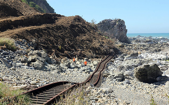 Damaged rail line at Kaikoura